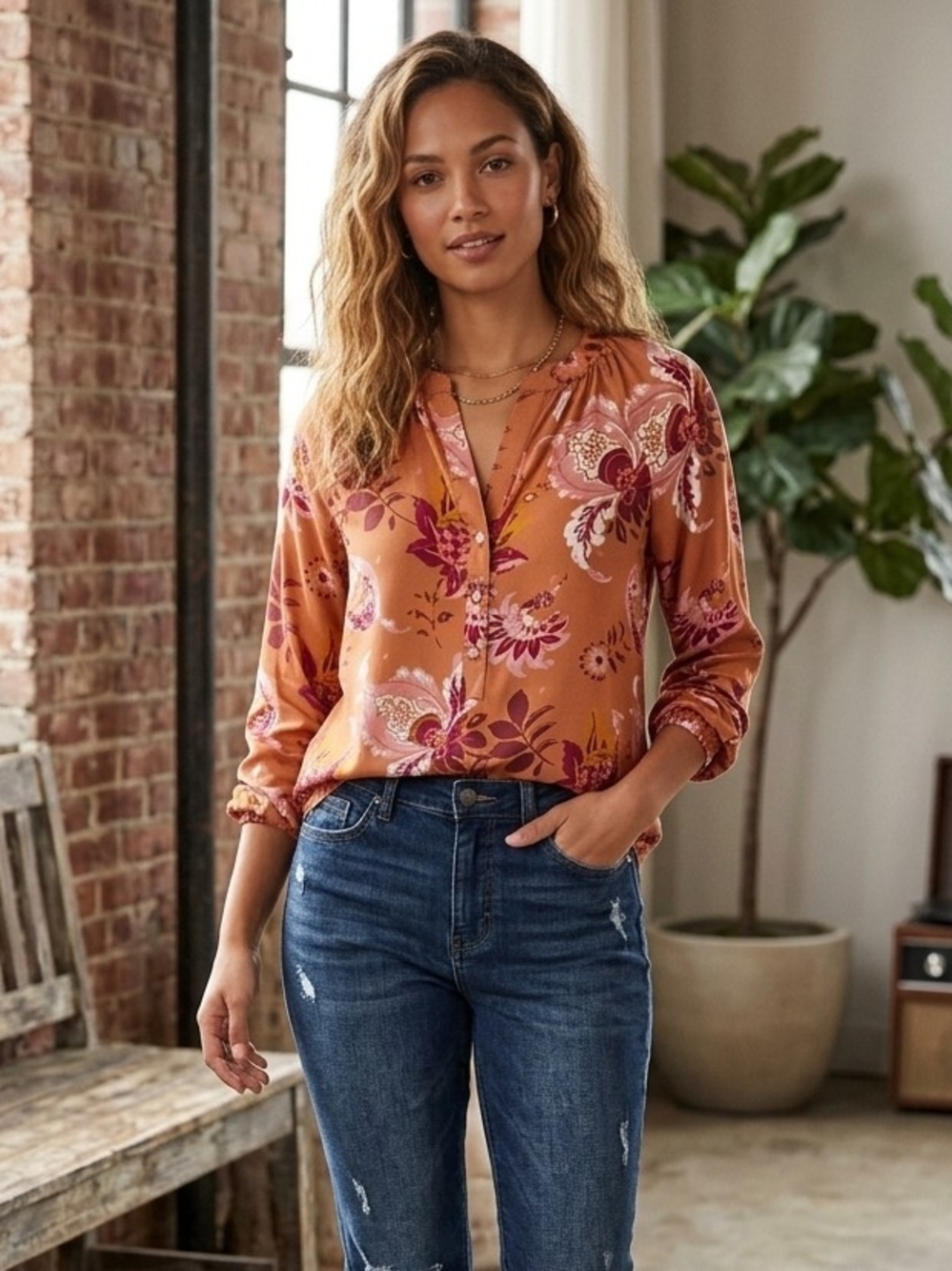 Spartina 449 Silk Rust Floral Split-Neck Blouse with Pink Accents